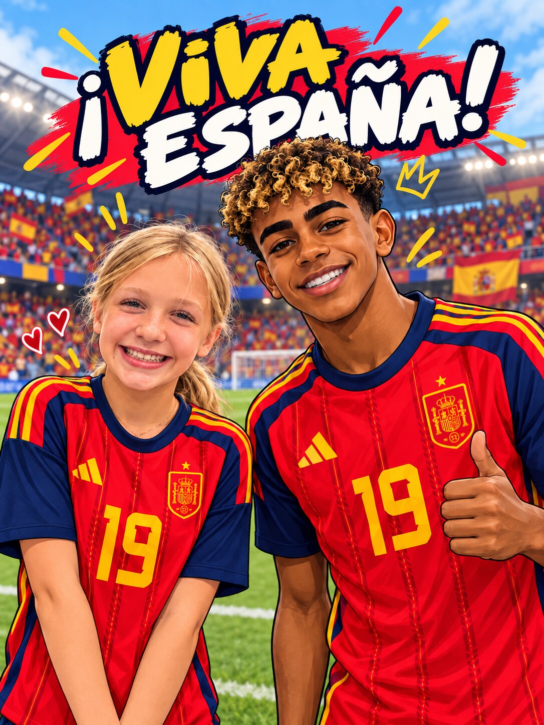 ¡Viva España! Lamine and Emma in matching Spain #19 jerseys at the stadium